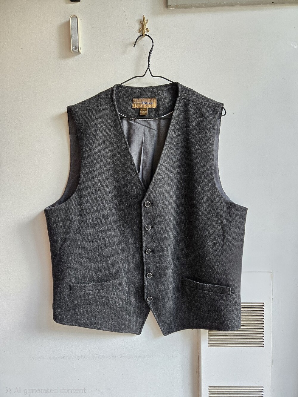 Men's Dark Gray Wool Vest - Herringbone Pattern (XL)